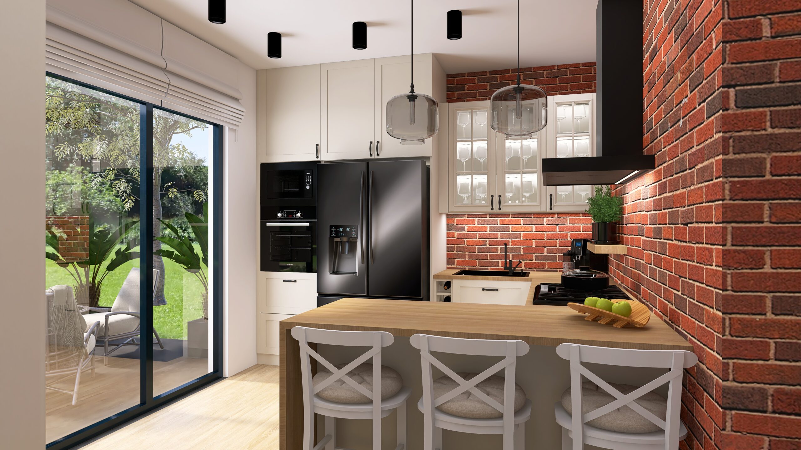 Kuchnia z czerwoną cegłą